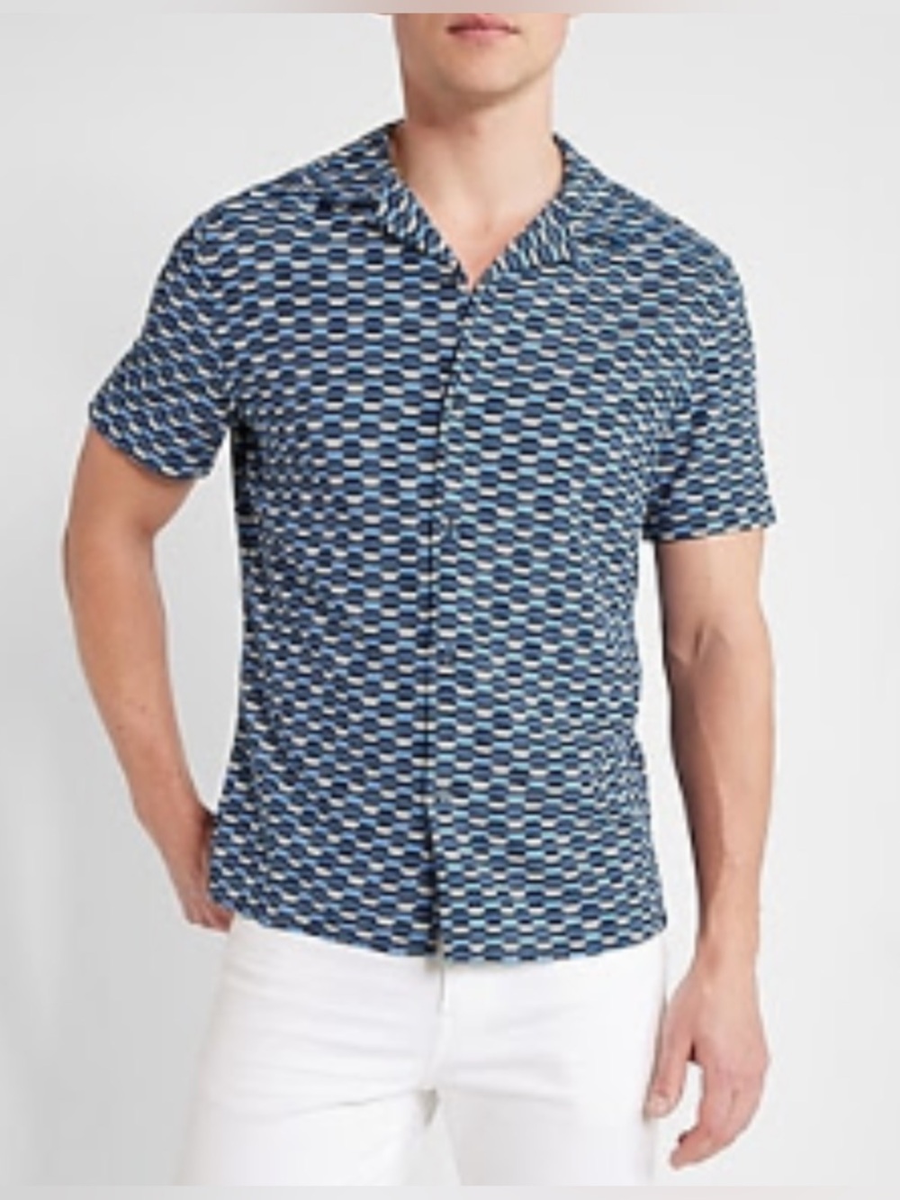 Men's Short Sleeve Open-Front Rayon shirt- Blue Pattern